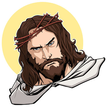 recommend clip art: Portrait of Jesus Christ wearing crown of thorns and looking at you with serious expression.