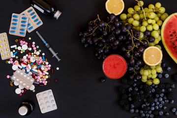 The choice between a healthy lifestyle and medications berries or pills.
