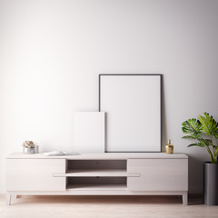 Mock up poster frame in Interior room with white wal, modern style, 3D illustration