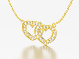 3D illustration jewelry two hearts yellow gold diamond necklace on chain