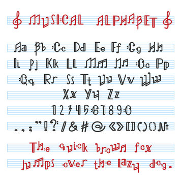 Alphabet ABC vector musical alphabetical font with music note letters of alphabetic typography illustration alphabetically melody typeset isolated on white background