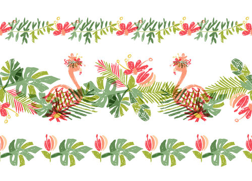 Tropical flower and flamingo bird, hand drawn tropic header or border line, vector illustration isolated on white background. Floral bouquet, exotic plant leaf and bird, lets flamingle