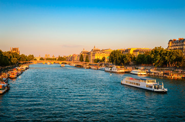Naklejka premium Sunset view on bridge and buildings on the Seine river in Paris, France