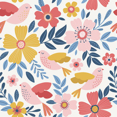 Cotton fabric Cute vector seamless pattern with birds and flowers. Spring background.