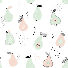 Seamless pattern with creative pear illustrations in vector. Hand drawn trendy backgroun