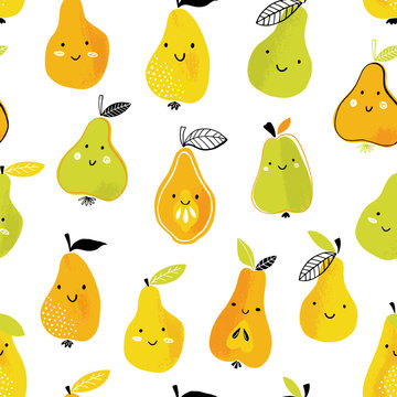 Funny pear vector pattern. Seamless background with colorful summer fruits with faces.