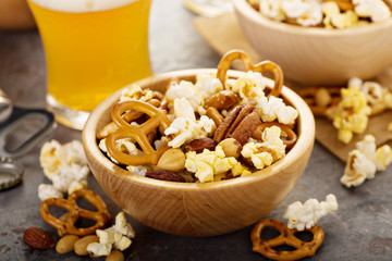 Homemade salty trail mix with beer