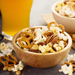 Homemade salty trail mix with beer