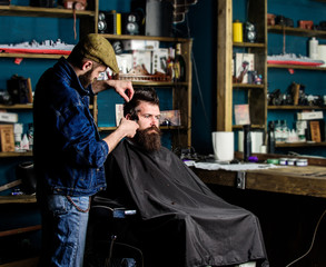 Hipster client getting haircut. Haircut concept. Barber with hair clipper works on hairstyle for man with beard, barbershop background. Barber styling hair of bearded client with comb and clipper