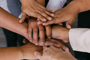 Fototapeta premium Close up of young business people putting their hands together for unity. Hands stacking over for collaboration and teamwork