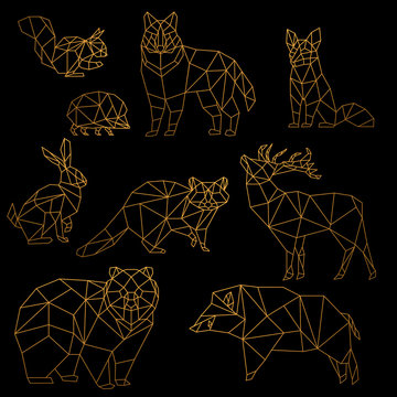 Low Poly Luxury Golden Line Animals Set. Origami Poligonal Gold Line Animals. Wolf Bear, Deer, Wild Boar, Fox, Raccoon, Rabbit And Hedgehog On Black Background.