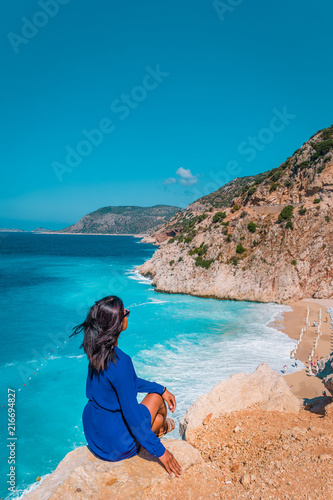 Kaputas Beach Kas Turkey Young Woman With Dress Looking Over