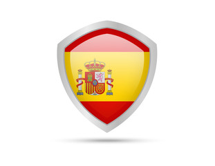 Shield with Spain flag on white background. Vector illustration.