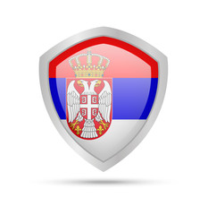 Shield with Serbia flag on white background. Vector illustration.