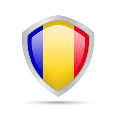 Fototapeta premium Shield with Romania flag on white background. Vector illustration.