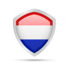 Shield with Netherlands flag on white background. Vector illustration.