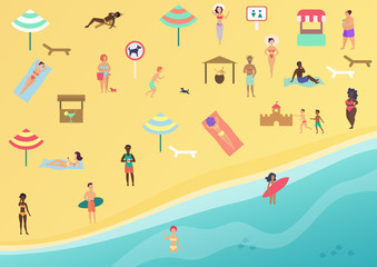 People at beach performing leisure and relaxing. Sunbathing, talking, surfing and swimming in sea or ocean. Beach top view flat vector illustration.