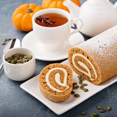 Fall dessert pumpkin roll with cream cheese