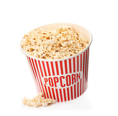 Paper bucket with of tasty popcorn on white background