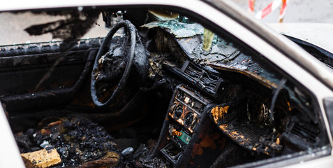 Steering wheel and dashboard of a burnt out car