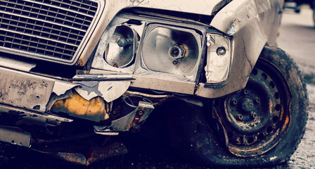 Car crash accident on street damaged automobiles after collision in city