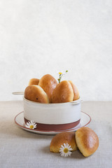 Pirozhki - baked  buns made from yeast dough and glazed with eggs, with cabbage and tomatoes filling, typical for Russia and Ukraine.