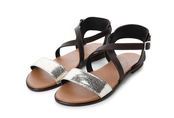 Pair of trendy women's shoes on white background