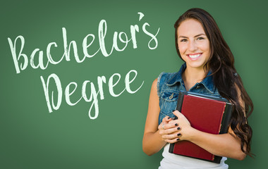 Bachelors Degree Written On Chalk Board Behind Mixed Race Young Girl Student Holding Books