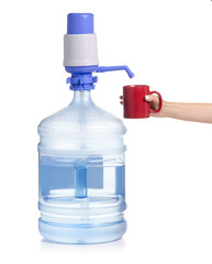 Bottle water pump mug in hand on white background isolation