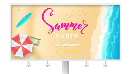 Summer party on seascape seashore with sandy beach. Advertising on Billboard. Vector poster of summer beach with waves of surf, sun umbrella, deck chair, surfboard. Cover, invitation on summer party.
