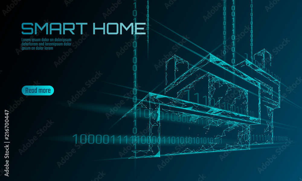 Poster smart house binary code low poly concept. online control information analysis. internet of things te