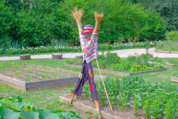Colorful scarecrow in the garden.