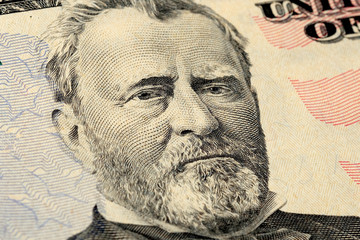 President Grant portrait on fifty (50) american dollar bill. Macro close up view.