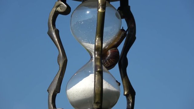 Rotating vintage hourglass sandglass with snail and sand motion on sky background