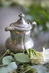Vintage metal teapot wedding theme