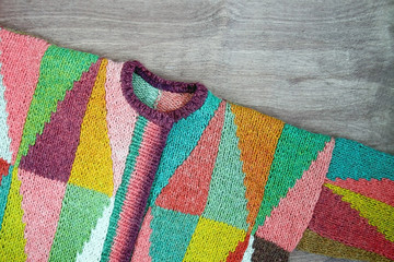 Colorful white, yellow, brown, pink, green, blue, turquoise, orange, claret handmade knitted wool...