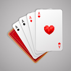 Four aces in five playing card with red back design on grey background. Winning poker hand. JPG include isolated path