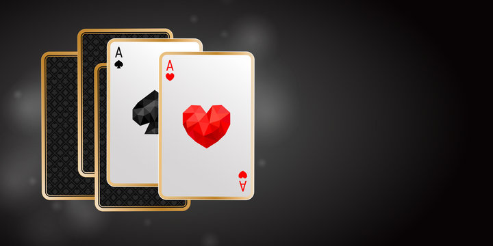 Banner with two aces in five playing cards. One pair. Winning poker hand on black background