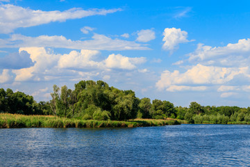 Obraz premium Summer landscape with beautiful lake, green trees and blue sky