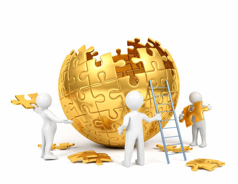 Cartoon man team building golden spherical puzzle, cooperation concept, 3D Rendering