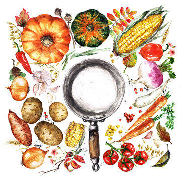 Autumn vegetables and frying pan