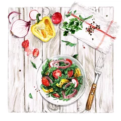 Foto auf Acrylglas Fresh Salad. Watercolor Illustrations. © nataliahubbert