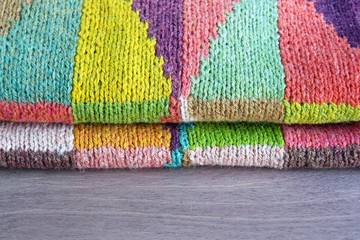Colorful white, yellow, brown, pink, green, blue, turquoise, orange, claret handmade knitted wool...