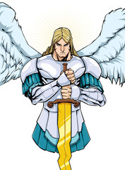 Full color illustration of Archangel Michael holding his sword. 
