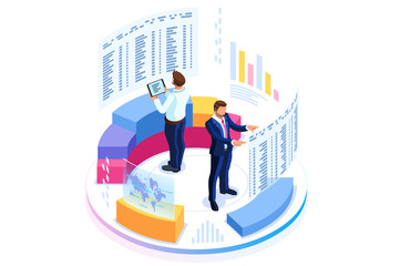 Vr, virtual augmented reality and futuristic banking concept with characters. Gadget of the future, smartphone tech for payment. Flat Isometric character vector illustration.