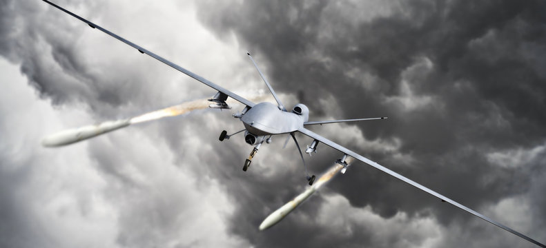 Drone Strike .Front View Of An Unmanned Aerial Vehicle (UAV) Military Drone Firing Missile Rockets At A Target . 3d Rendering