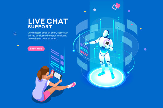 Artificial intelligence, ai business. Iot concept with man bot chat with women. Robot service for messenger application or virtual speech assistance. Flat Isometric concept with characters and text