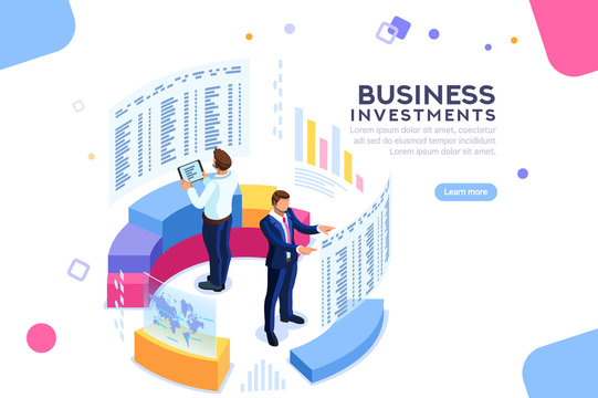 Businessman, isometric chart on device. Strategy analytics and economic. Analyze future progress on finger device. International strategy for executive network. Concept with characters. Flat isometric - Powered by Adobe