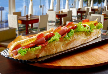 Baguette Sandwich with Salami, Ham and Salad