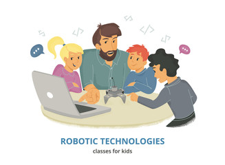 Robotic technologies classes for kids. Flat vector illustration of male teacher sitting with group of children at the table and explaining how coding robots. Kids looking at their coach and laptop